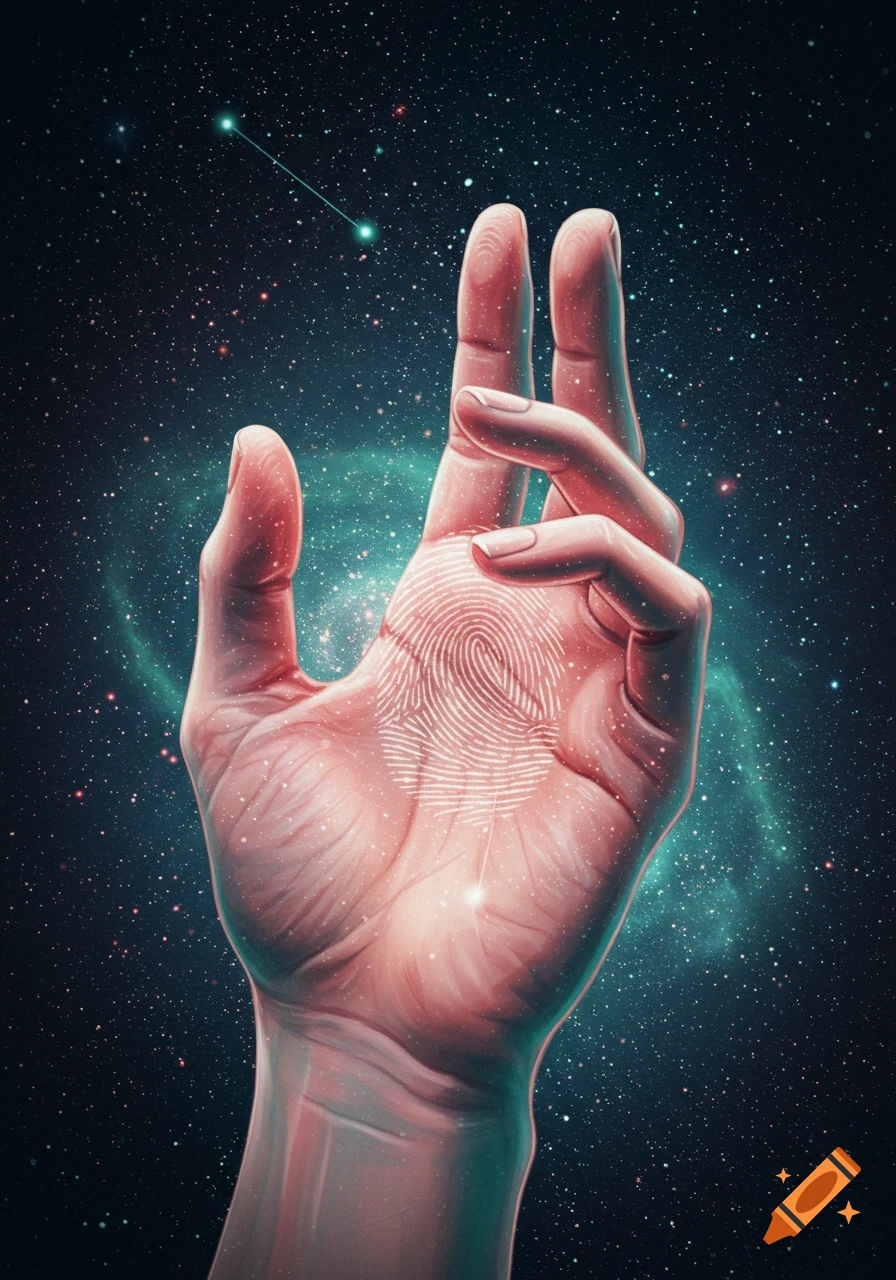 A human hand with a glowing fingerprint on the palm, reaching up into a dark starry sky with a teal nebula.