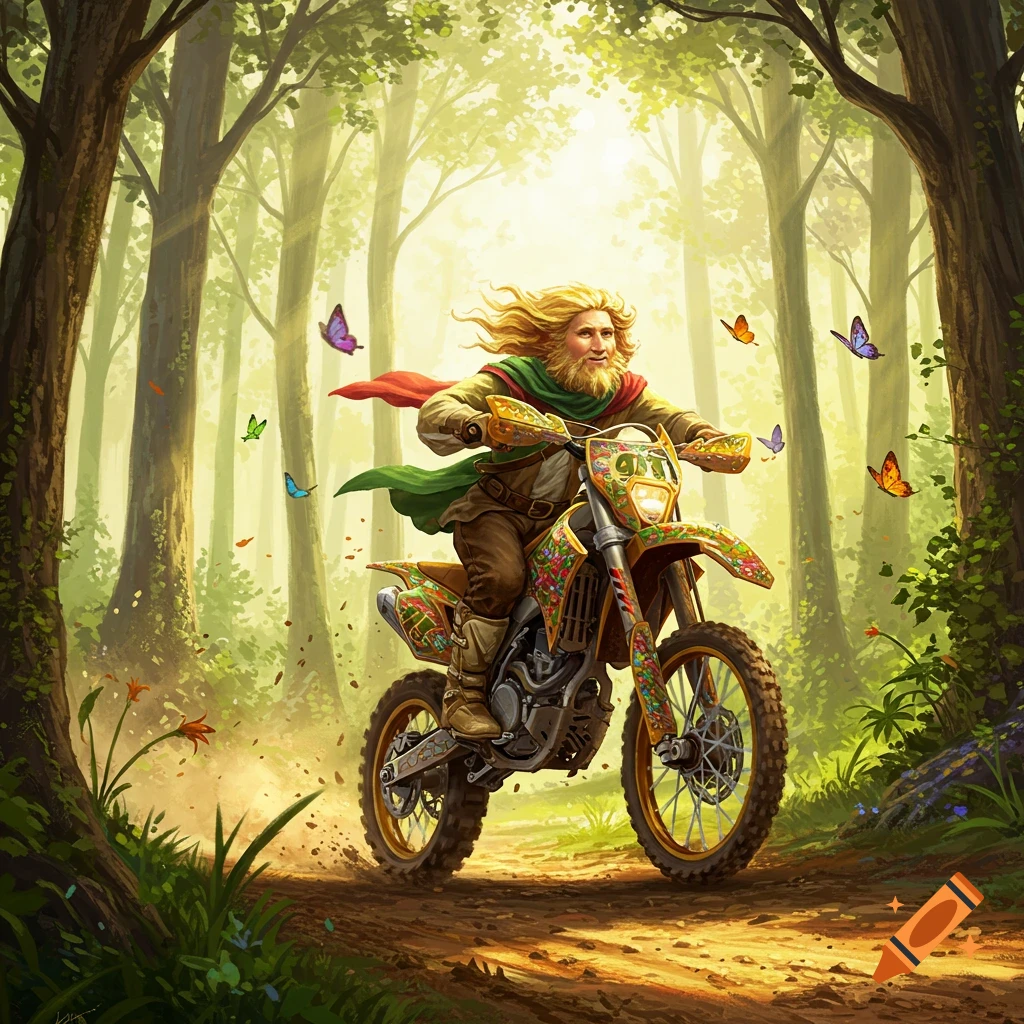 A fantasy character resembling Tom Bombadil, with long blonde hair and beard, rides a decorated dirt bike through a sunny forest path with butterflies.