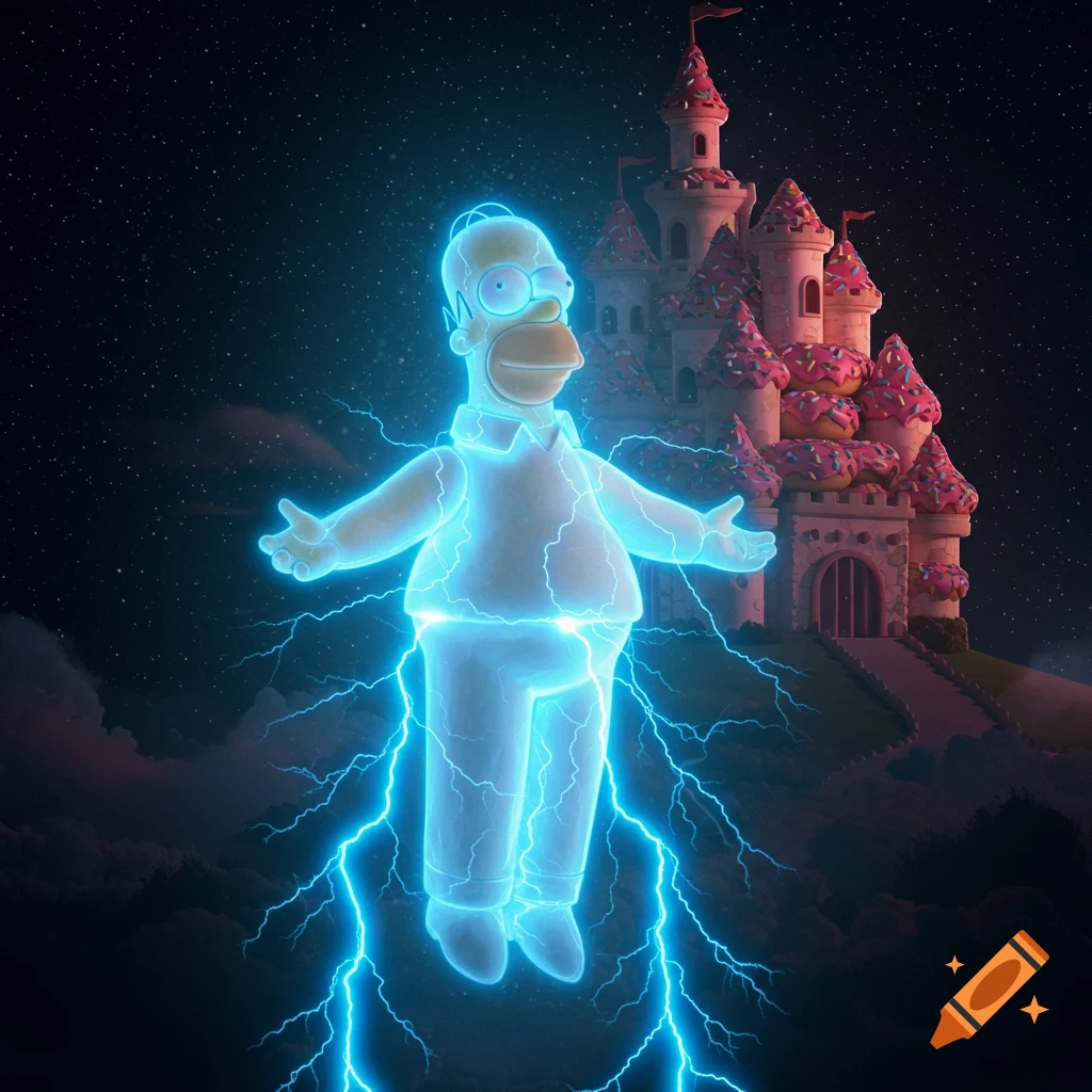 Homer Simpson glows with blue lightning, floating before a pink sprinkle donut castle under a starry night sky.
