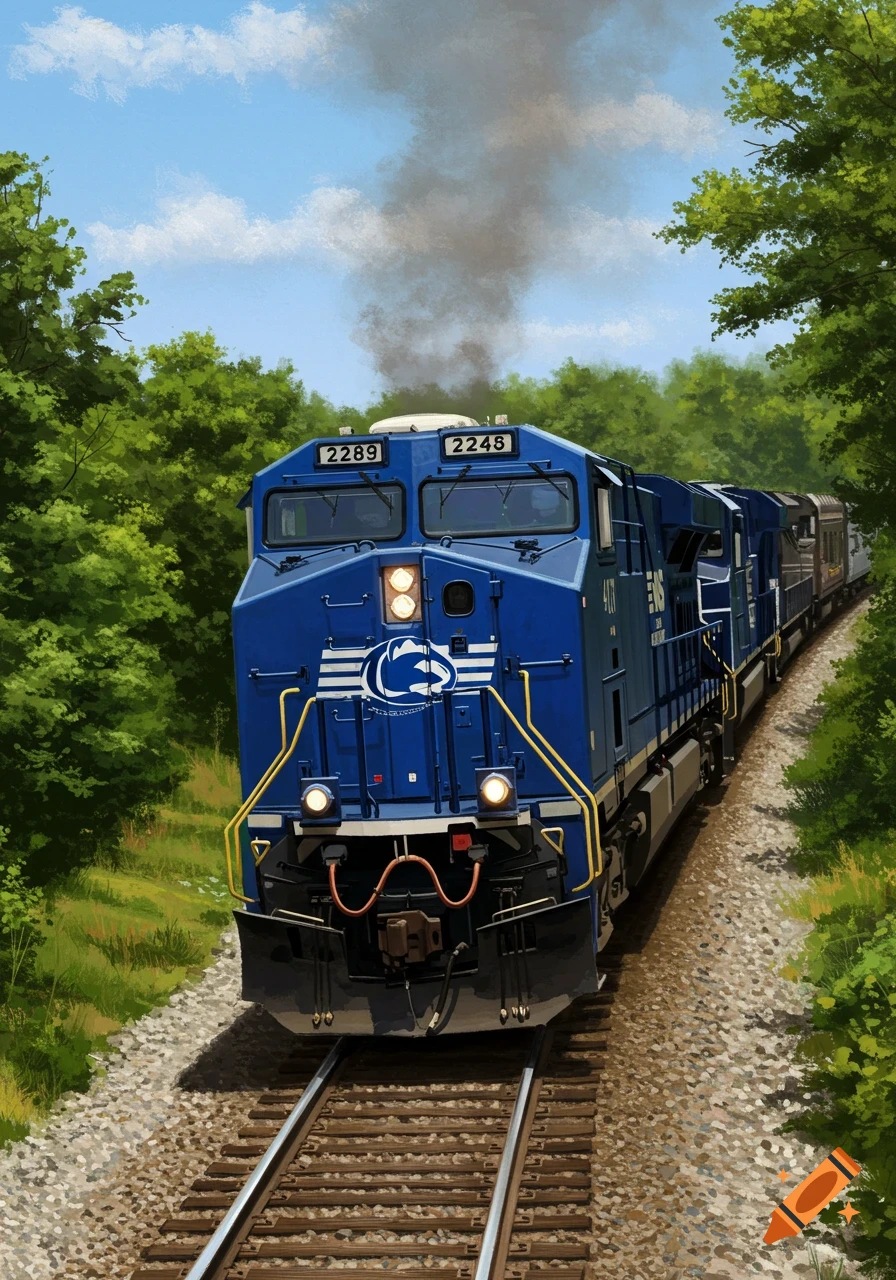 A blue Penn State Norfolk Southern train on tracks in a green forest under a blue sky, in a digital painting style.