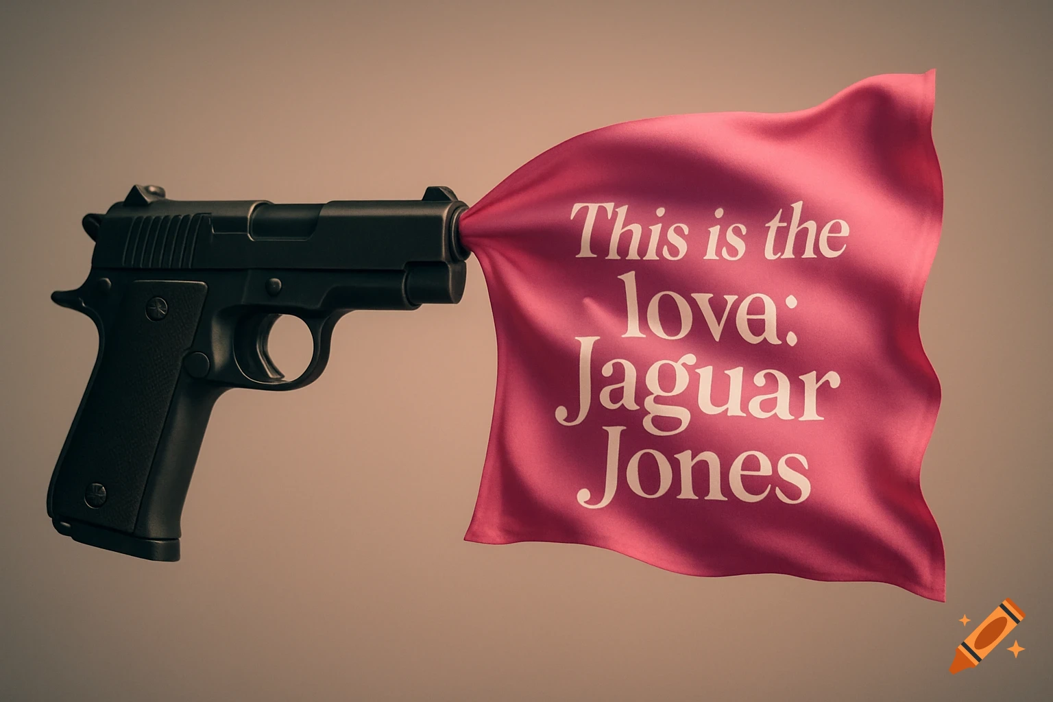 A photorealistic black pistol with a pink flag emerging from its barrel, reading 'This is the love: Jaguar Jones' in white text.