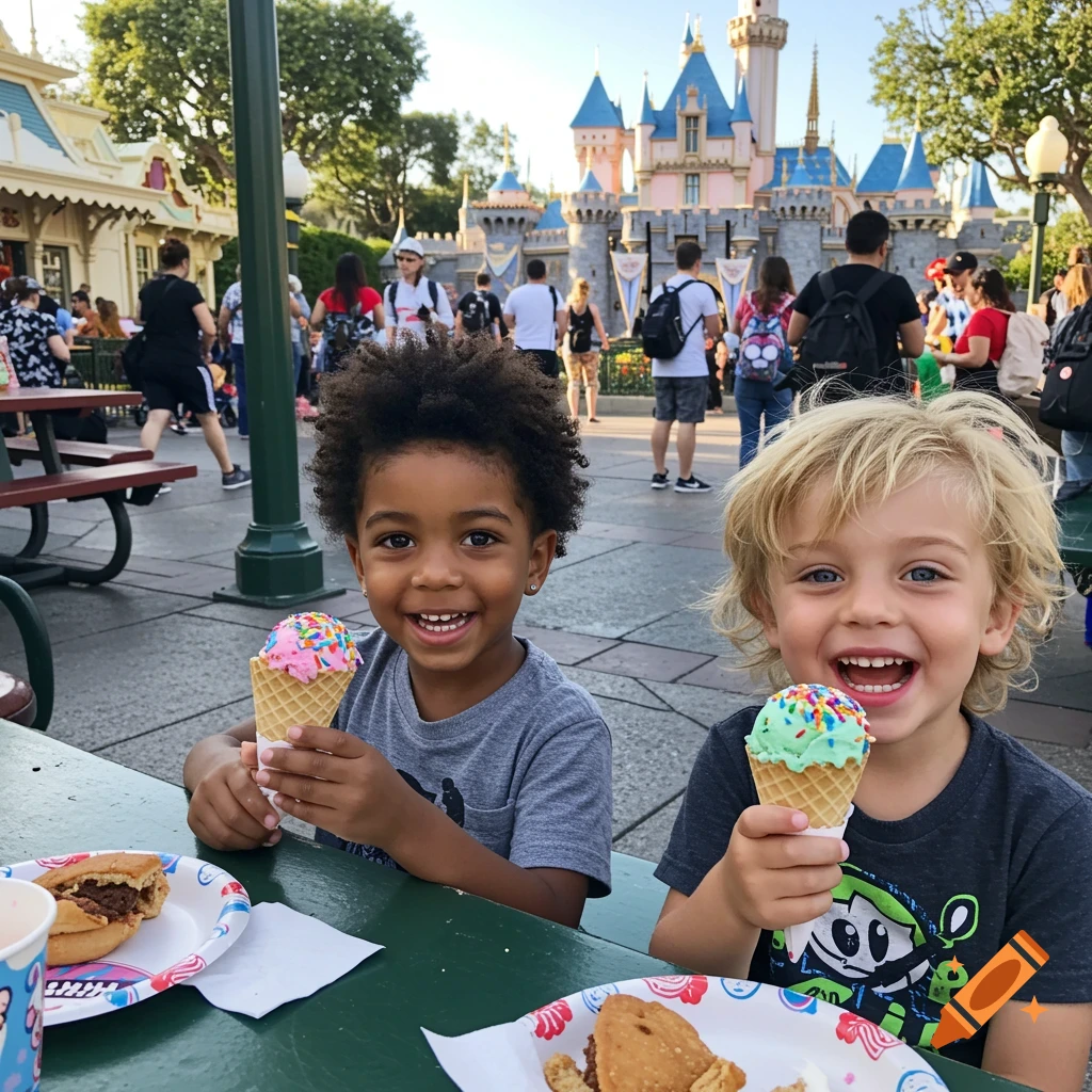 Two happy young boys with ice cream cones sitting at a table in front of a castle at Disneyland.