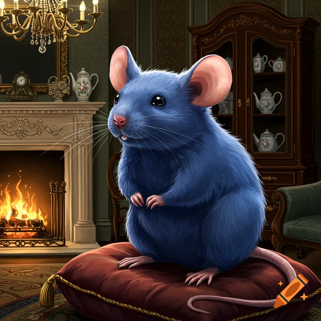 A blue mouse sits on a red cushion in a luxurious room with a lit fireplace and a chandelier, illustrated in detail.