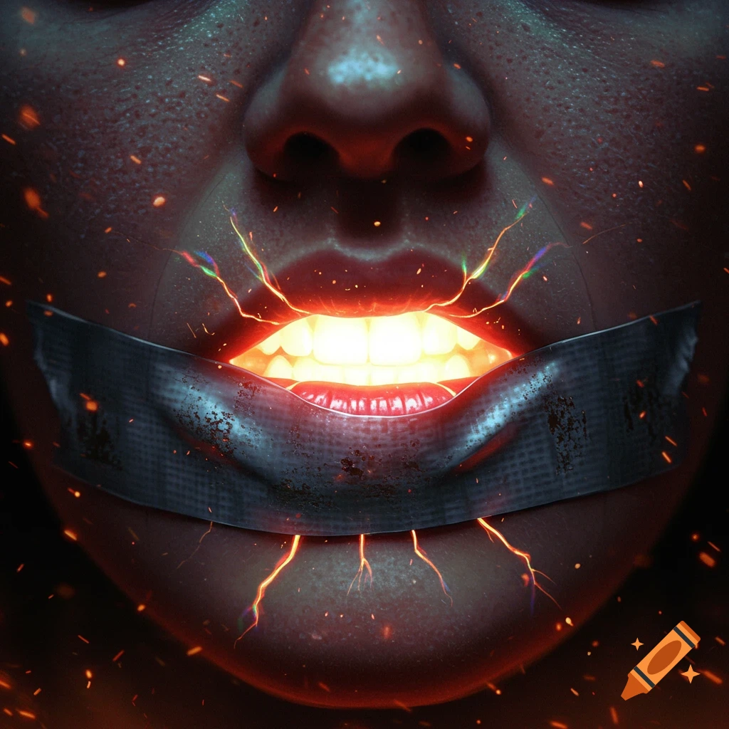 Close-up of a mouth taped shut, with a bright yellow light glowing from inside, surrounded by orange sparks and electric tendrils.