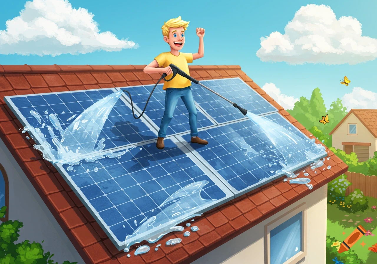Cartoon man with blonde hair and blue eyes pressure washing solar panels on a house roof on a sunny day.
