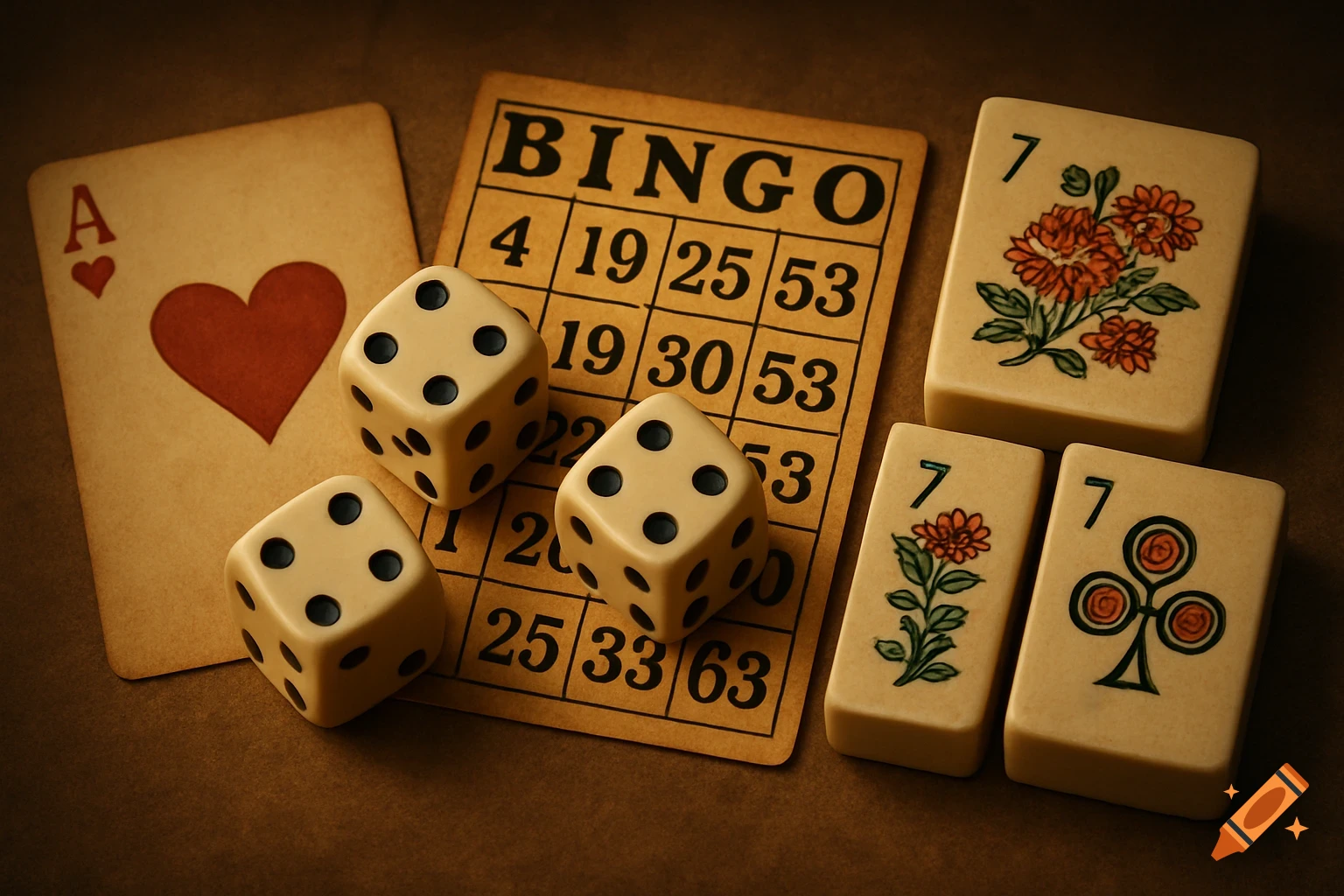 A still life arrangement featuring a vintage bingo card with dice, an Ace of Hearts playing card, and three ornate Mahjongg-style tiles.