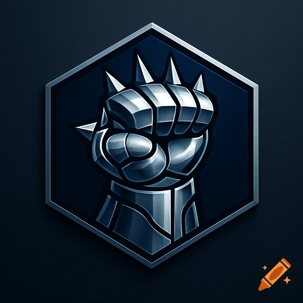 A silver armored, spiked fist inside a dark blue hexagonal emblem, stylized as a metallic team logo.