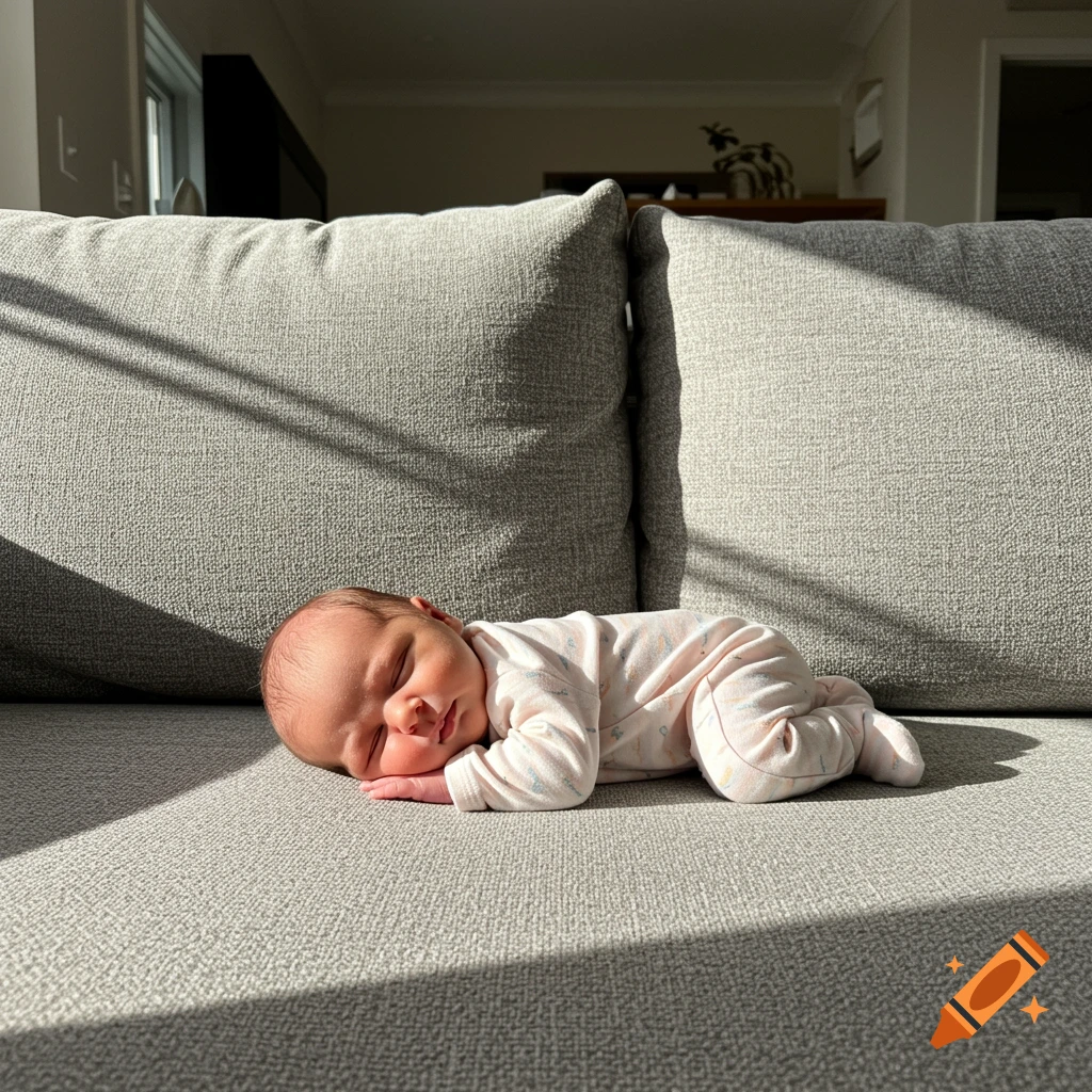 A sleeping newborn baby in a onesie on a light grey couch, bathed in sunlight.