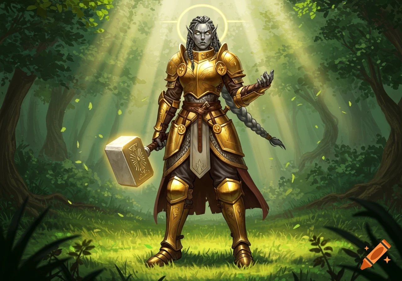 Grey-skinned female orc paladin in golden armor holding a glowing hammer in a sunlit forest, fantasy illustration.