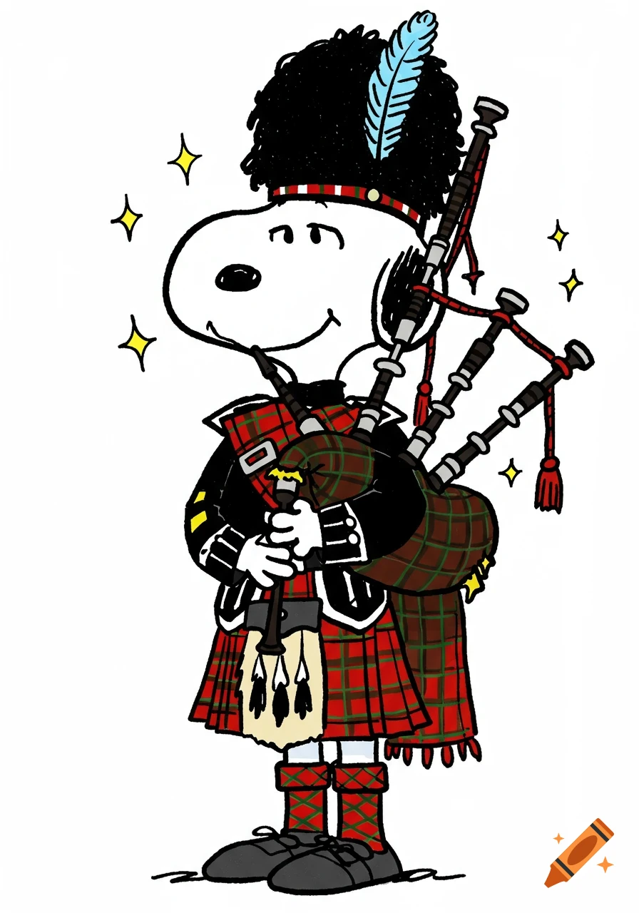 Cartoon Snoopy in full Scottish Highlander uniform, including a kilt, sporran, jacket, and feathered bonnet, playing bagpipes.