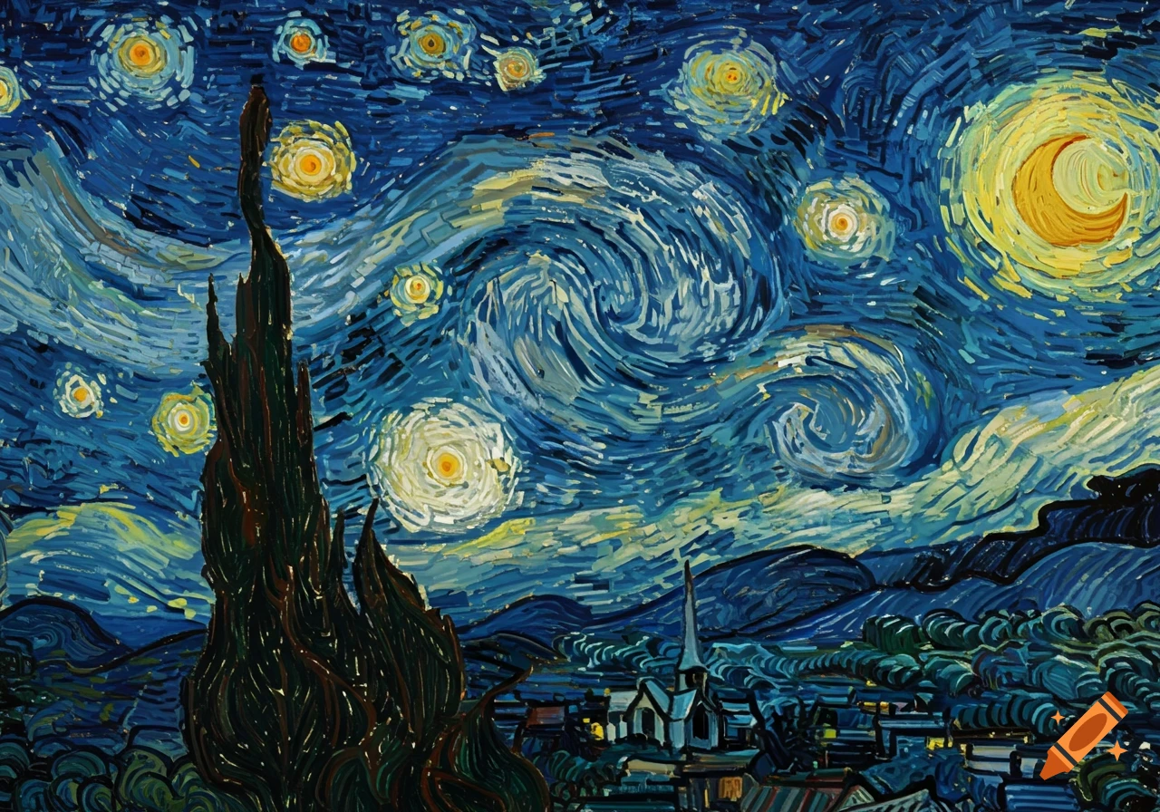 A vibrant Starry Night painting with a swirling dark blue sky, bright stars, crescent moon, a village, and a tall cypress tree.