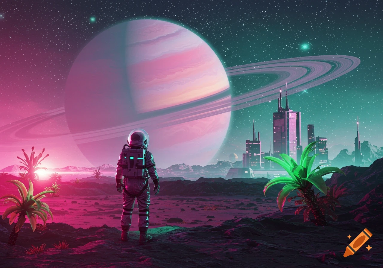 An astronaut stands on a vibrant pink and teal alien planet, looking towards a large ringed planet and a futuristic city under a starry sky.