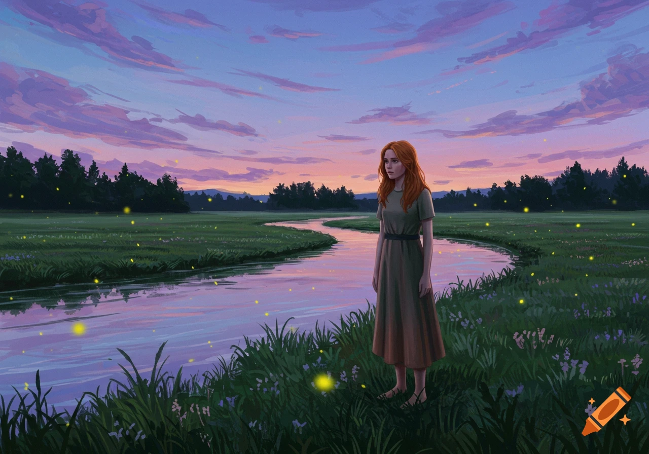 A red-haired woman in a field next to a river at twilight, surrounded by glowing fireflies, in a painterly style.