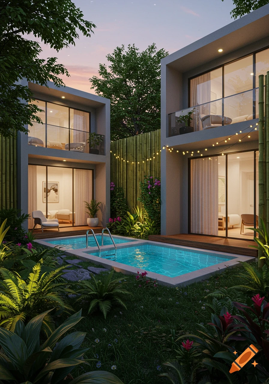 Photorealistic rendering of two modern mini flats with balconies overlooking a small outdoor swimming pool and lush garden at twilight.