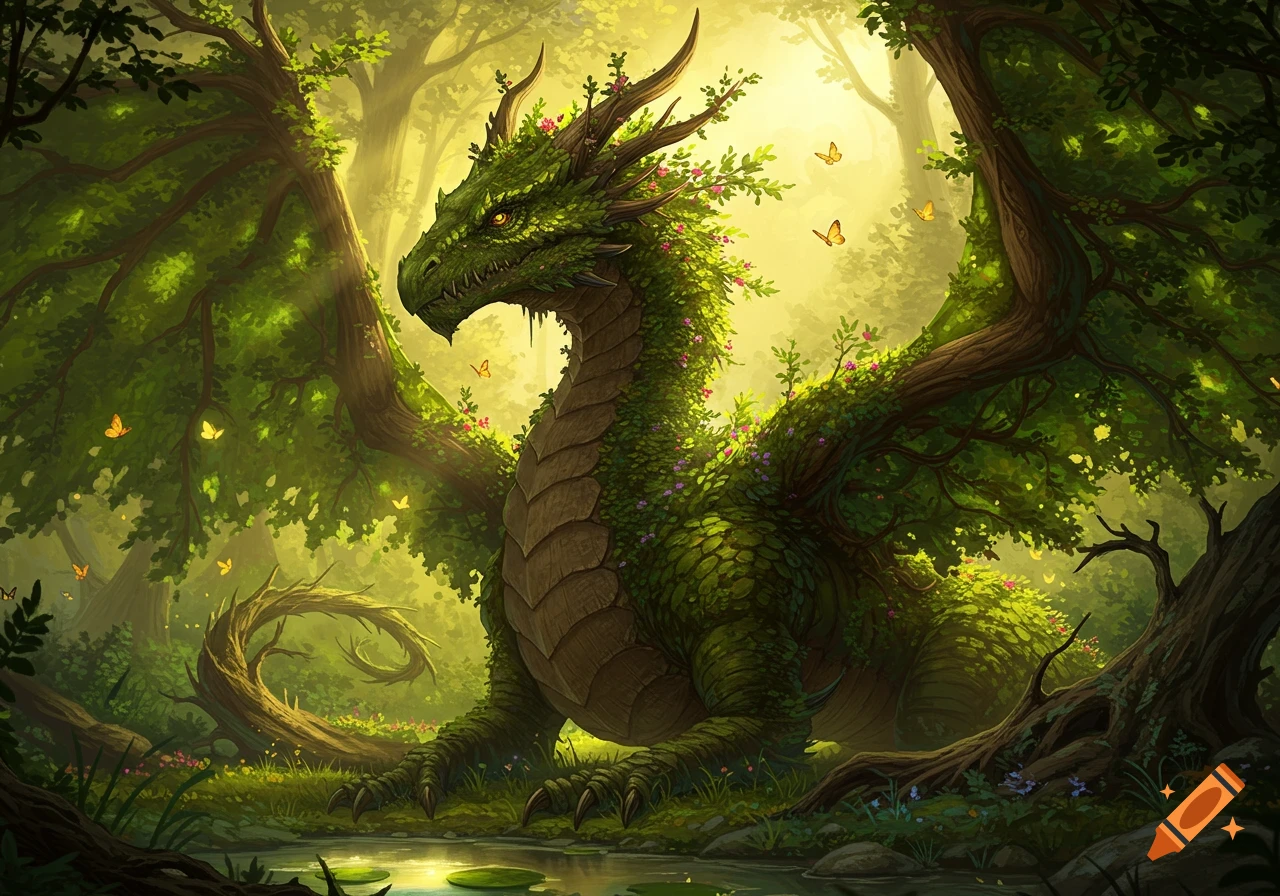 A majestic green dragon with leafy scales and flowers resting by a pond in a sunlit, lush forest with butterflies.