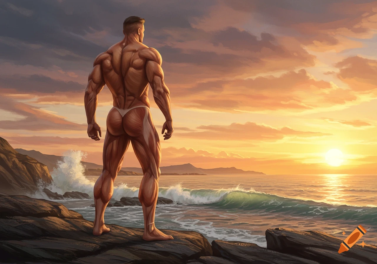 A highly muscular man in a thong stands on a rocky beach, looking out at the ocean during a vibrant sunset.