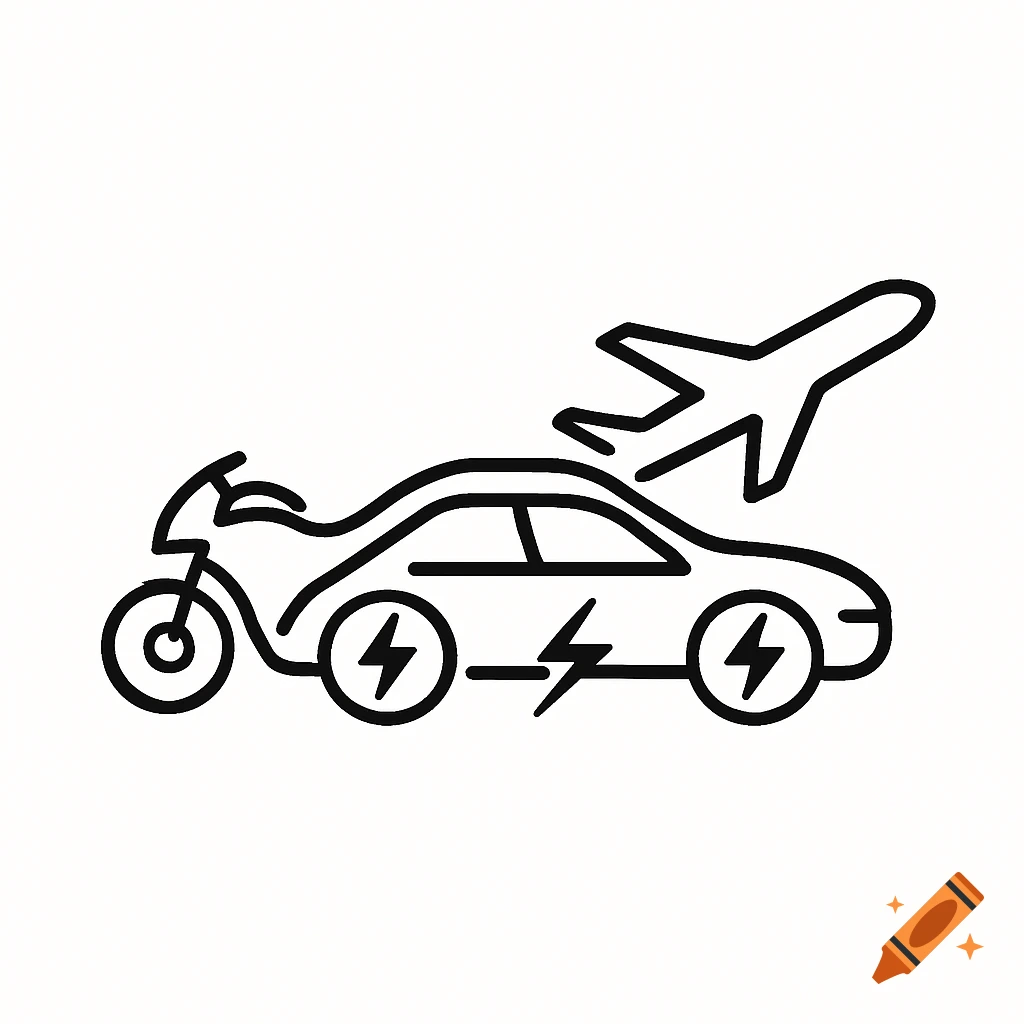 Line logo combining a motorcycle, a car with electric lightning bolt symbols, and an airplane flying above.