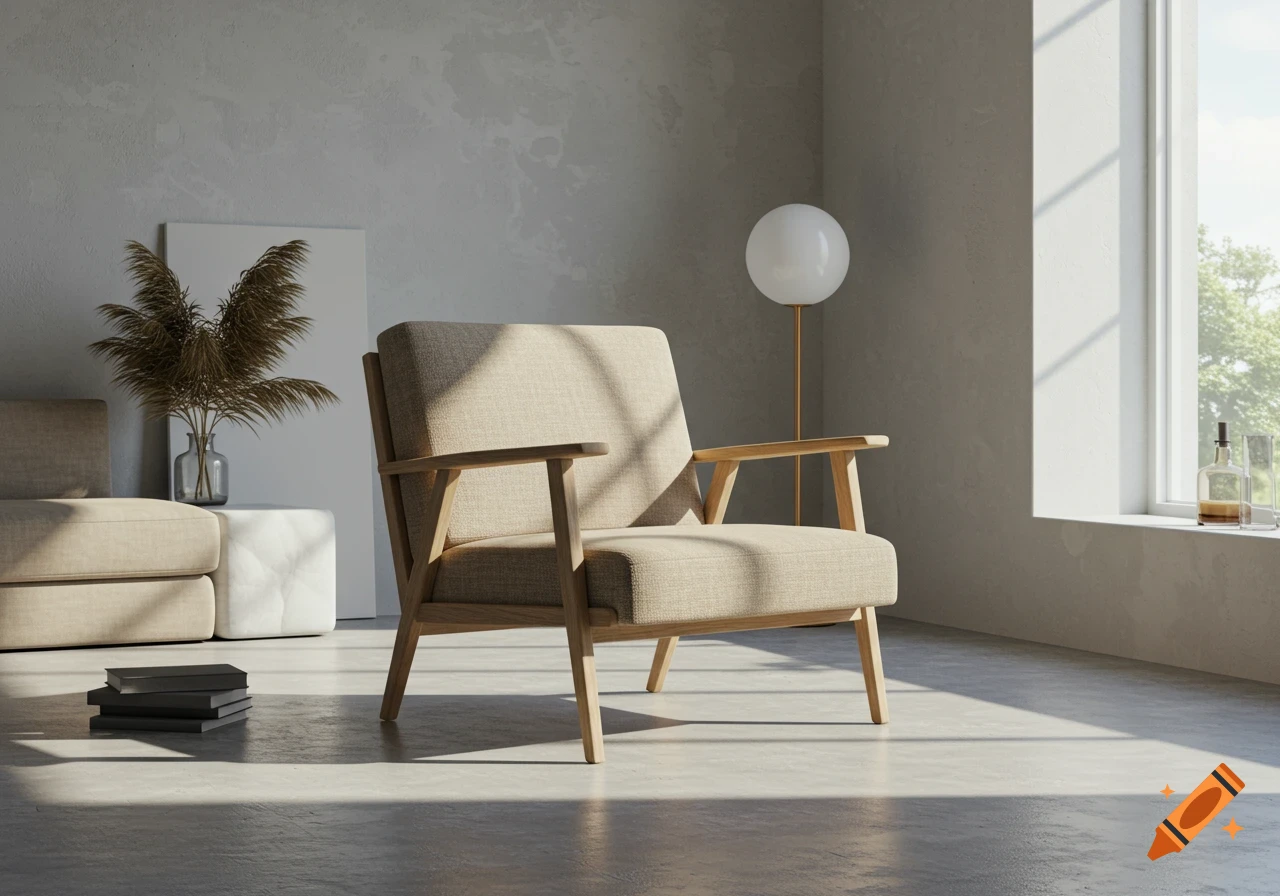 Minimalist living room with a beige fabric armchair, a matching sofa, a white floor lamp, and sunlit concrete floors.