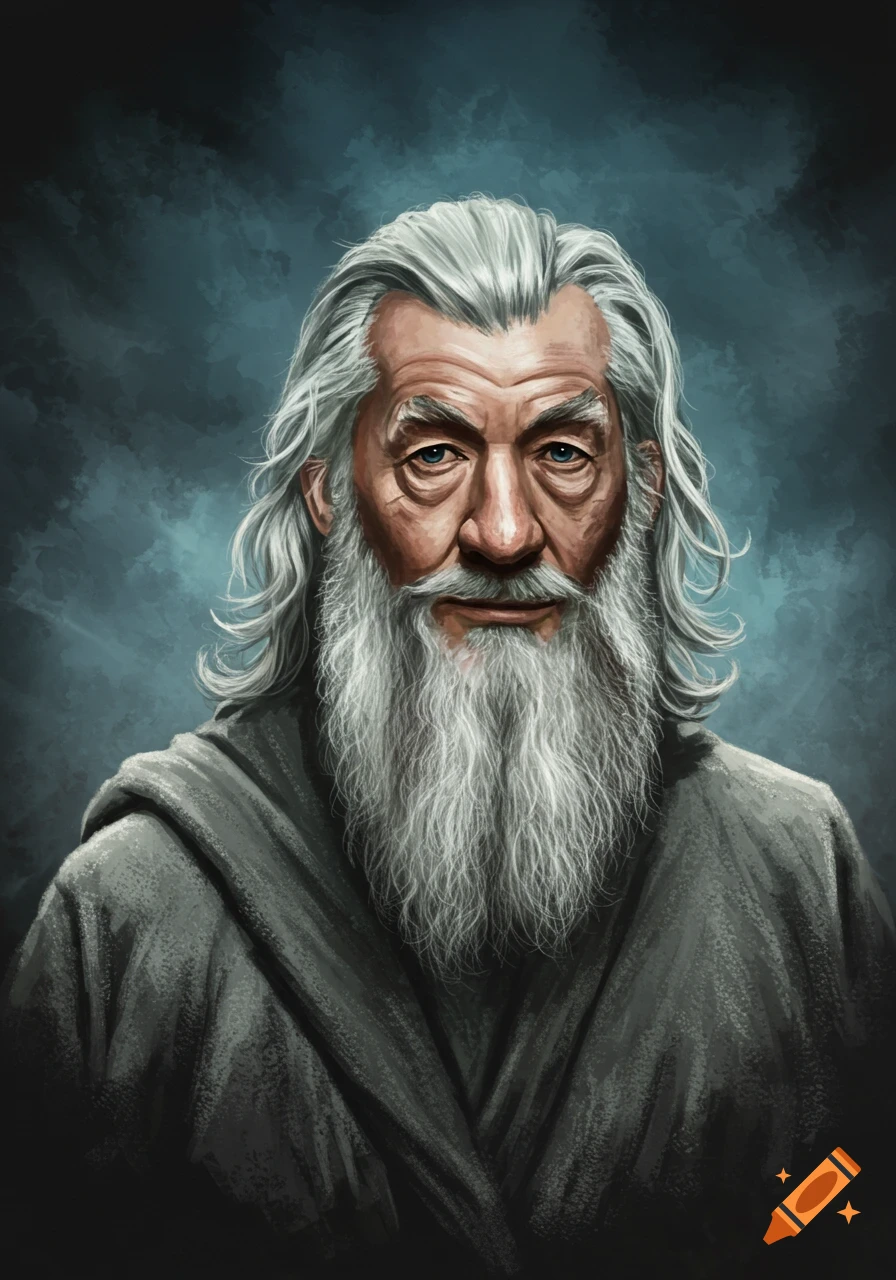 A painterly portrait of an old man with long white hair and beard, wearing dark robes, against a dark blue background.