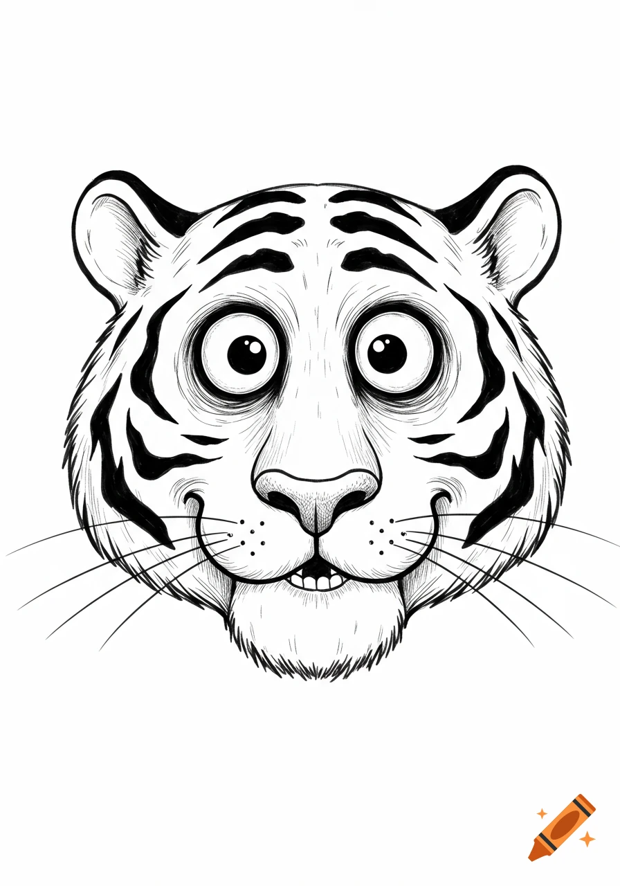 Black and white cartoon illustration of a derpy tiger face with wide, surprised eyes and a slight smile.