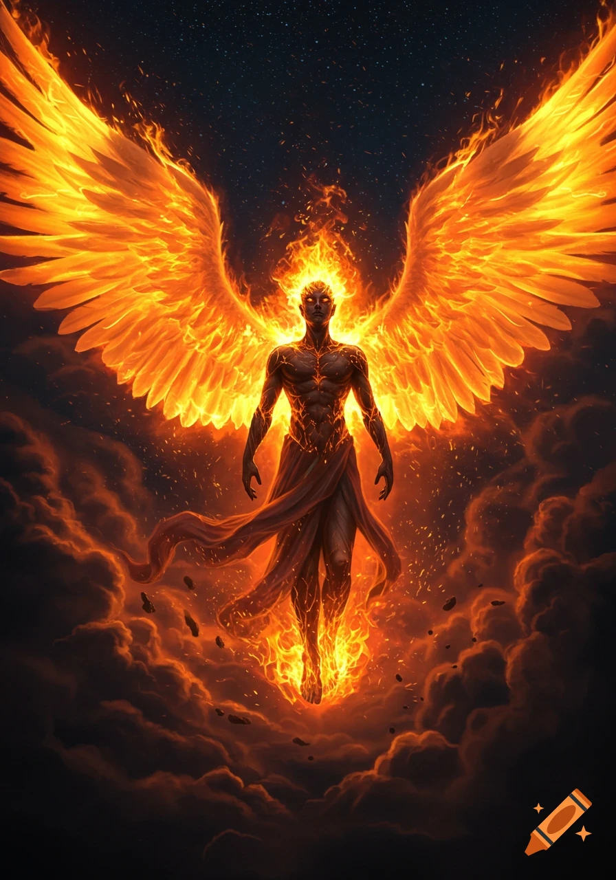 A powerful, muscular figure with large, fiery wings and a body made of embers and fire, stands against a dark, starry sky with glowing clouds.