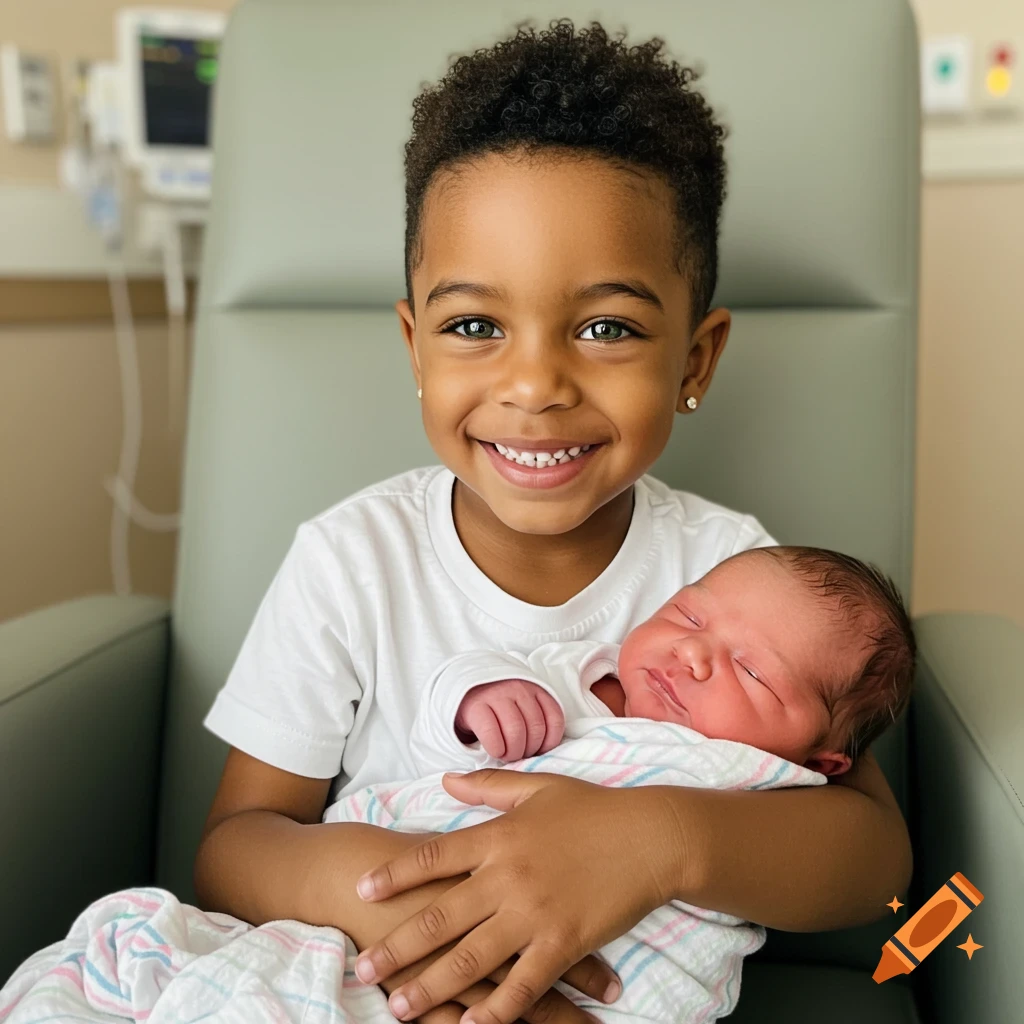 A young boy with green eyes and curly hair smiles while holding a swaddled newborn baby in a hospital chair.