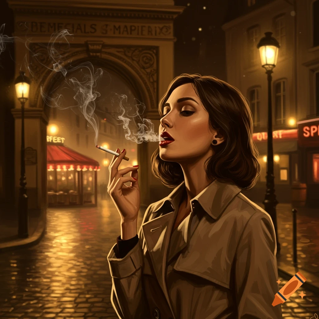 A stylized digital painting of a woman with dark hair in a trench coat, smoking a cigarette on a wet city street at night, with illuminated buildings and an archway in the background.