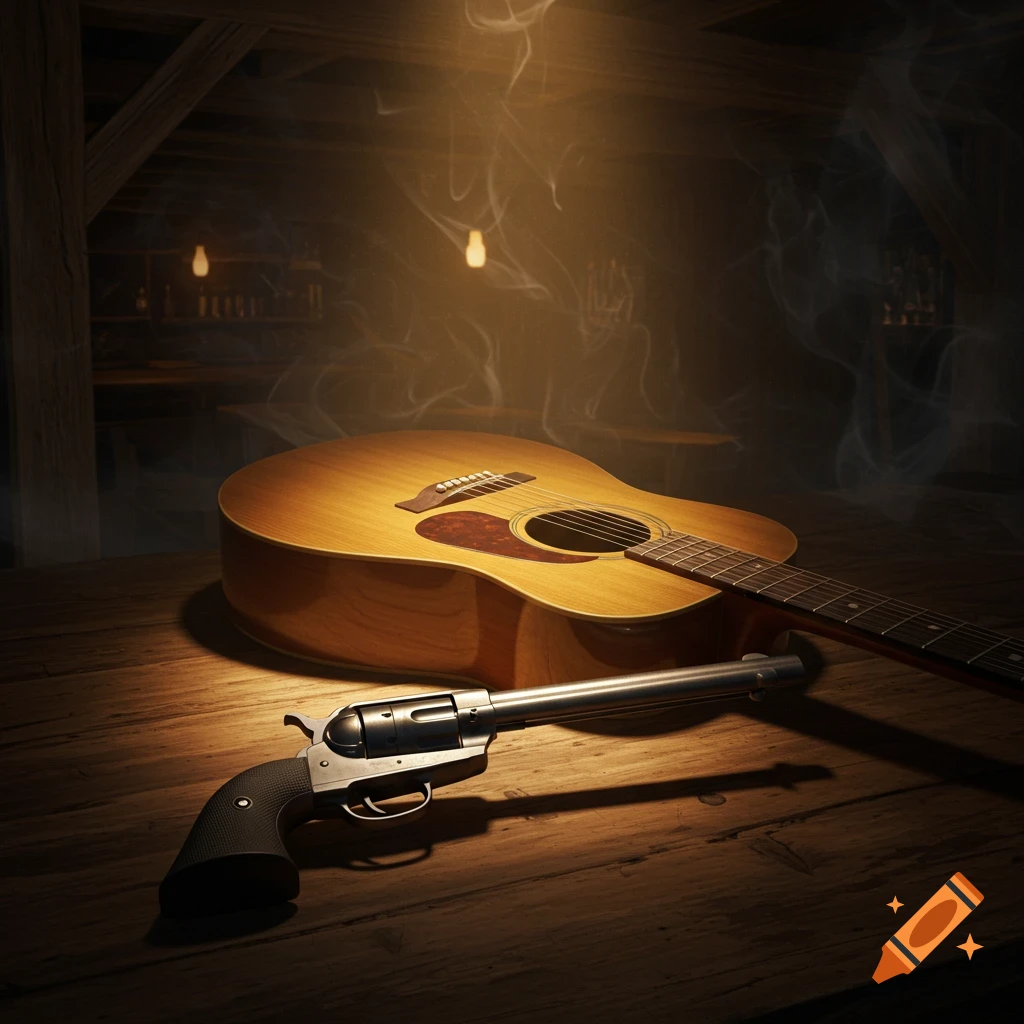 An acoustic guitar and a revolver lie on a wooden table in a dimly lit, smoky room.