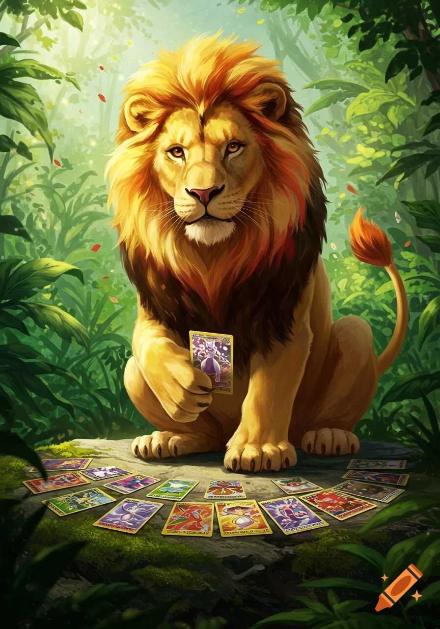 A majestic golden-maned lion sits in a lush green jungle, holding a Pokemon card and surrounded by more cards on the forest floor.