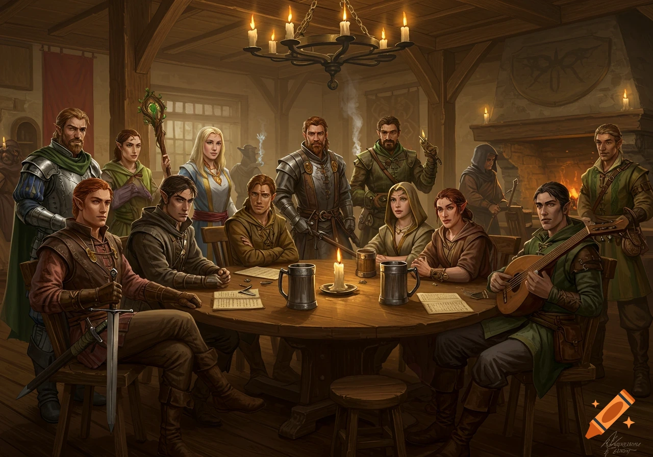 A group of fantasy adventurers, including a paladin, cleric, and bard, gather around a large round table in a medieval tavern, with a chandelier overhead and a fireplace in the background.