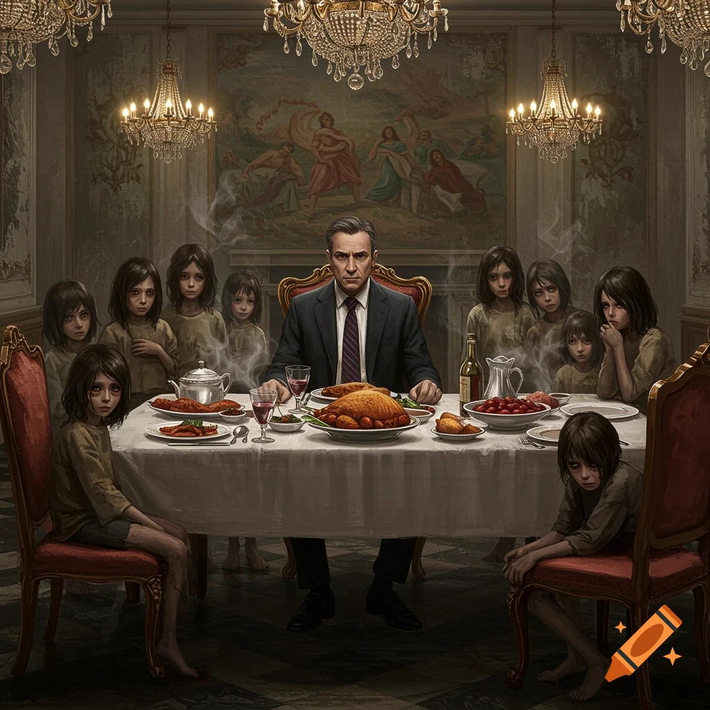 A man in a suit sits at a lavish dinner table laden with food, while several gaunt, sad-looking children stand or sit around him, looking hungry in a dimly lit, opulent room.