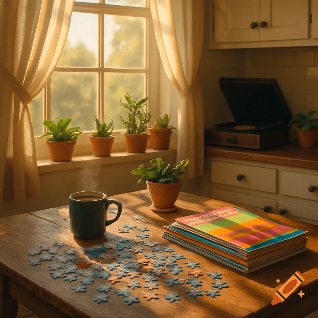 A sunlit kitchen table with a steaming coffee mug, scattered blue puzzle pieces, magazines, and potted plants on a windowsill.