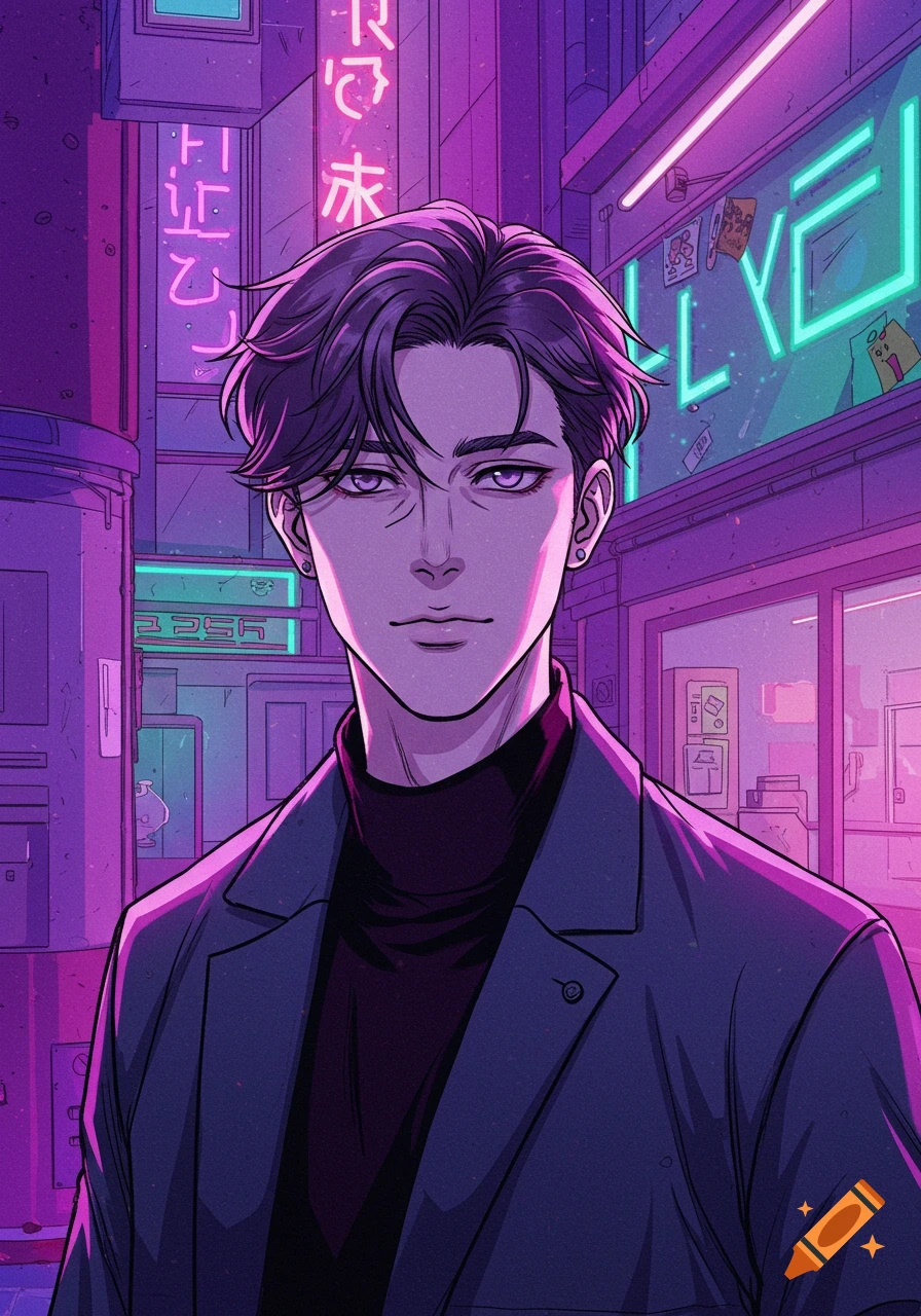 Webtoon style portrait of a man with violet hair and grey eyes, standing in a neon-lit cyberpunk city.