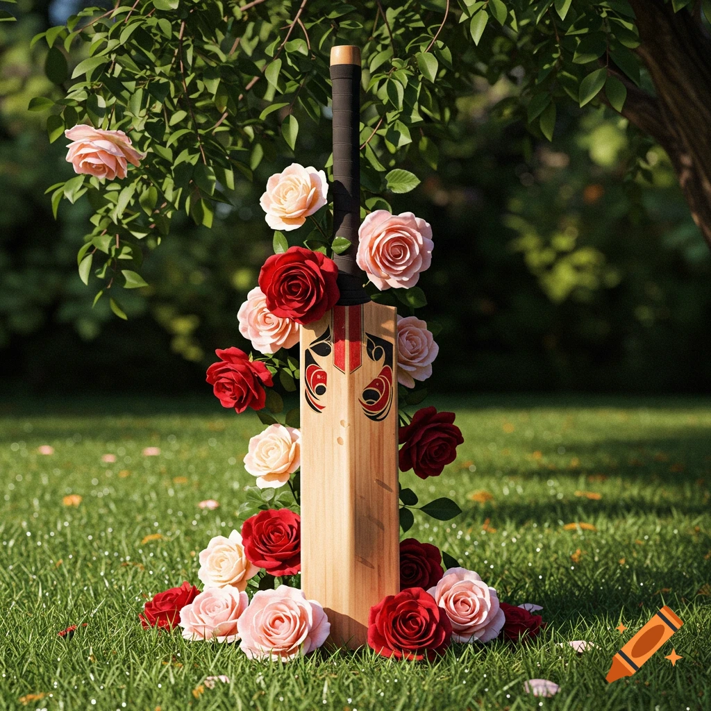 A wooden cricket bat adorned with red, pink, and white roses stands in a grassy lawn under a tree.