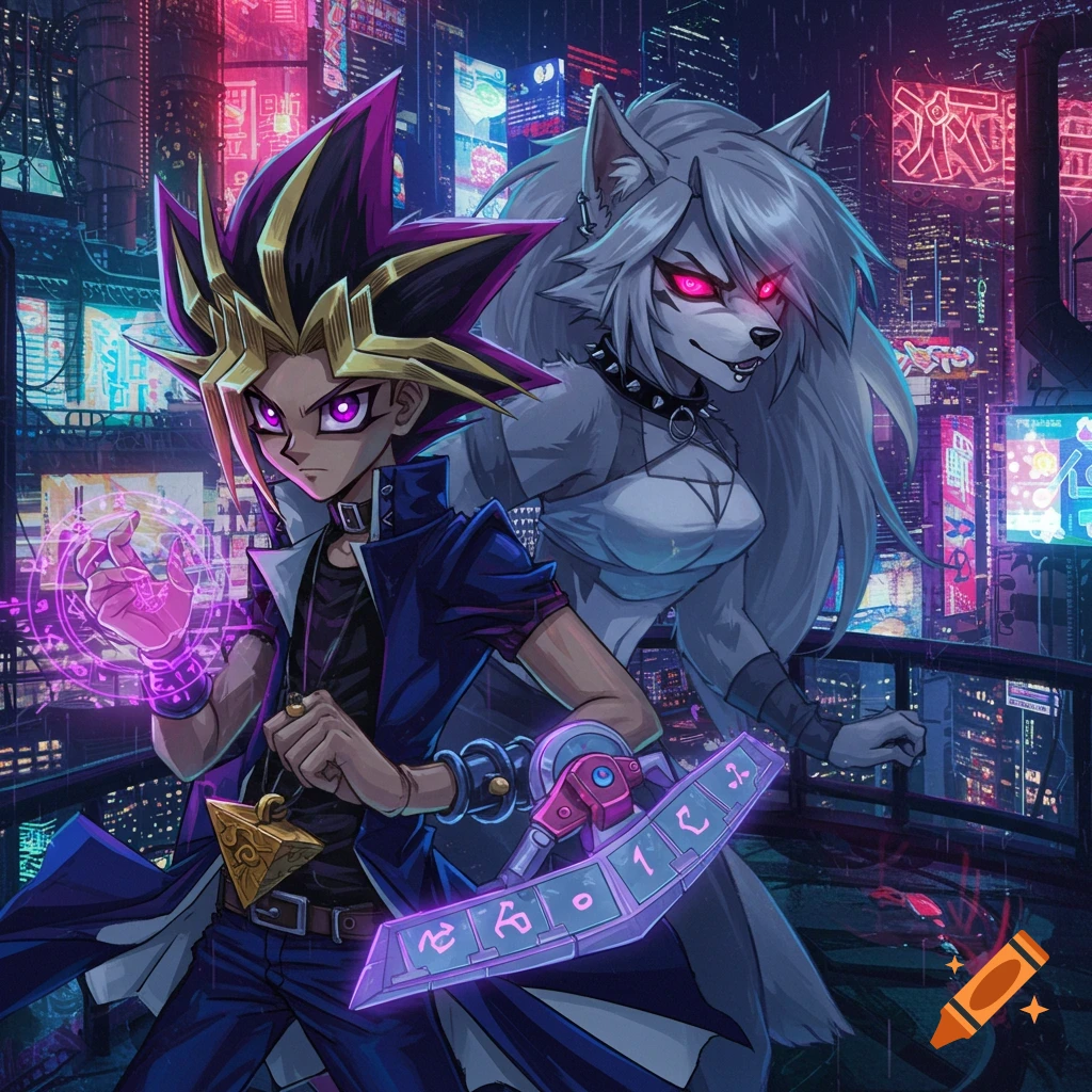 Yugi Muto and Loona in a vibrant cyberpunk city. Yugi has glowing purple magic around his hand and on his dueling disk, while Loona stands behind him with glowing red eyes.
