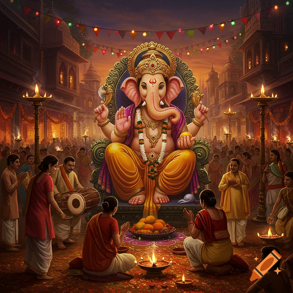 Vibrant artwork of Lord Ganesha idol enthroned during Ganesh Chaturthi, surrounded by devotees in a decorated street at night.