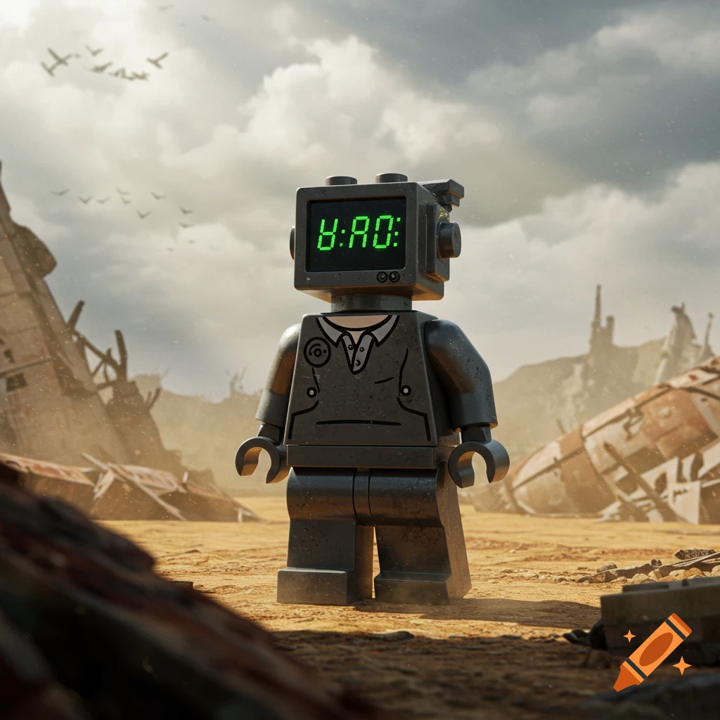 A Lego-style robot figure with a digital screen head displaying "8:AO:" stands in a desolate, sandy, post-apocalyptic landscape under a cloudy sky.