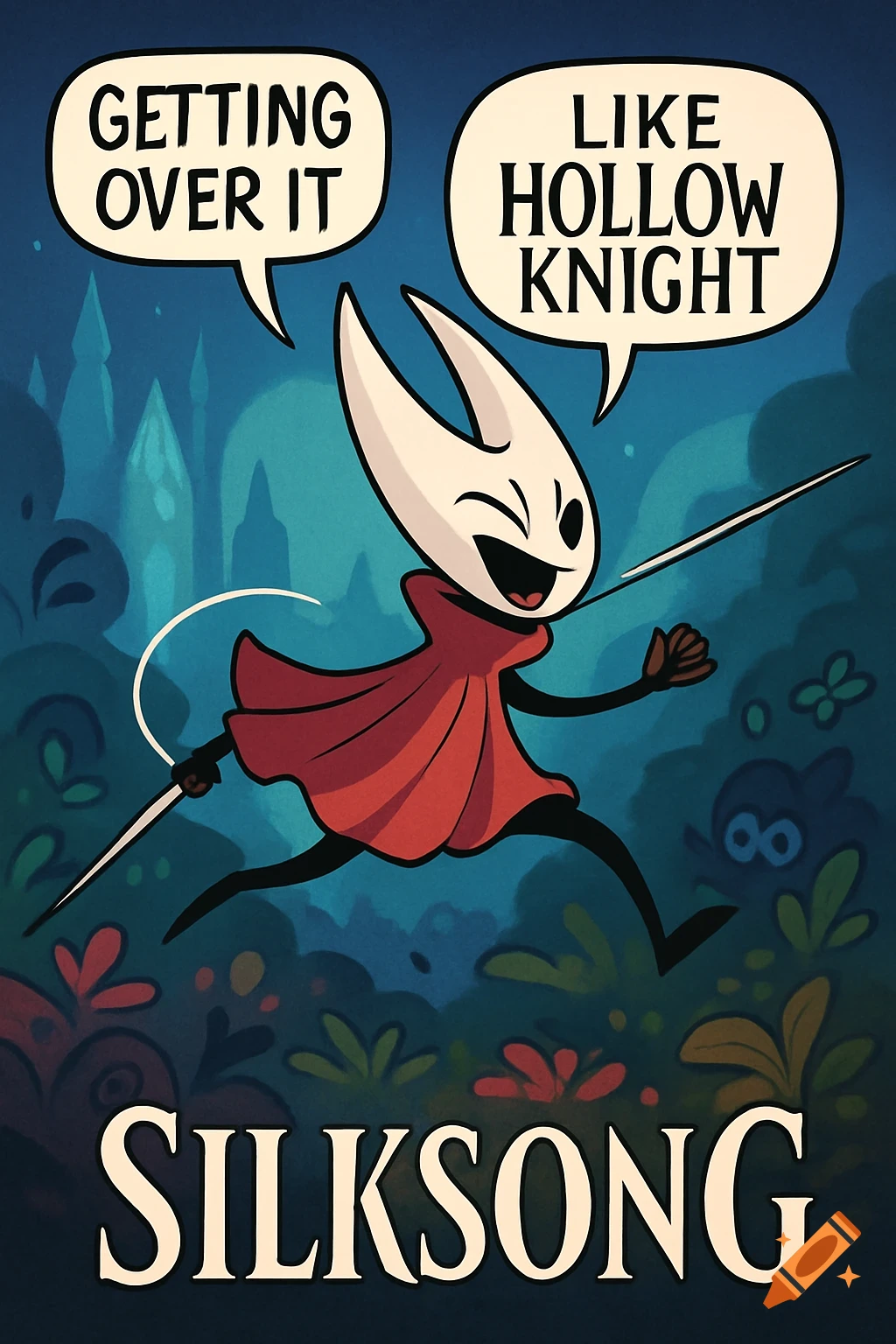 Cartoon image of Hornet from Hollow Knight running and winking, holding her needle. Speech bubbles say "GETTING OVER IT" and "LIKE HOLLOW KNIGHT". The text "SILKSONG" is at the bottom.