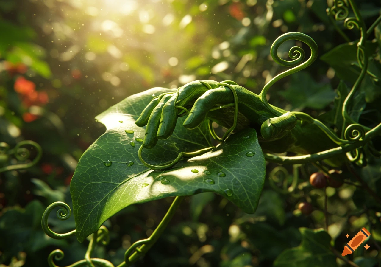 A photorealistic close-up of a green hand made of vines and leaves resting on a large ivy leaf with dewdrops, bathed in sunlight.