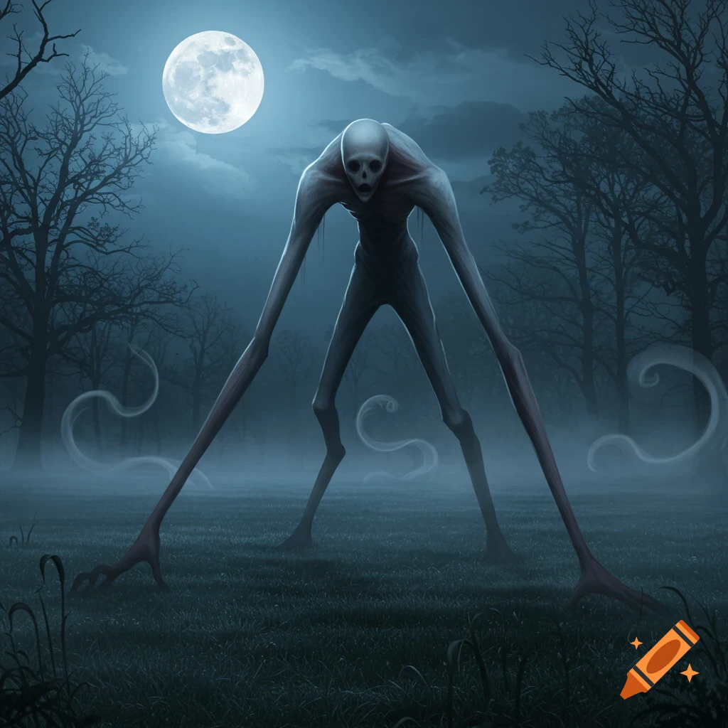A tall, pale, slender, skeletal creature with a lifeless face stands in a misty, moonlit forest.
