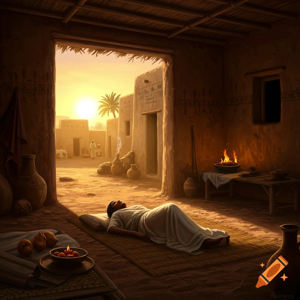 A person sleeps on a mat in a sunlit ancient Egyptian village with mud-brick houses and pottery at sunset.
