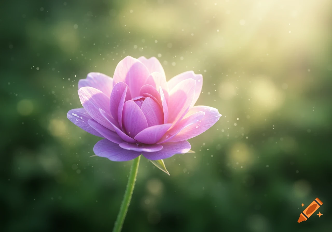 Close-up of a vibrant pink flower with water droplets and glowing light in a blurred green background.