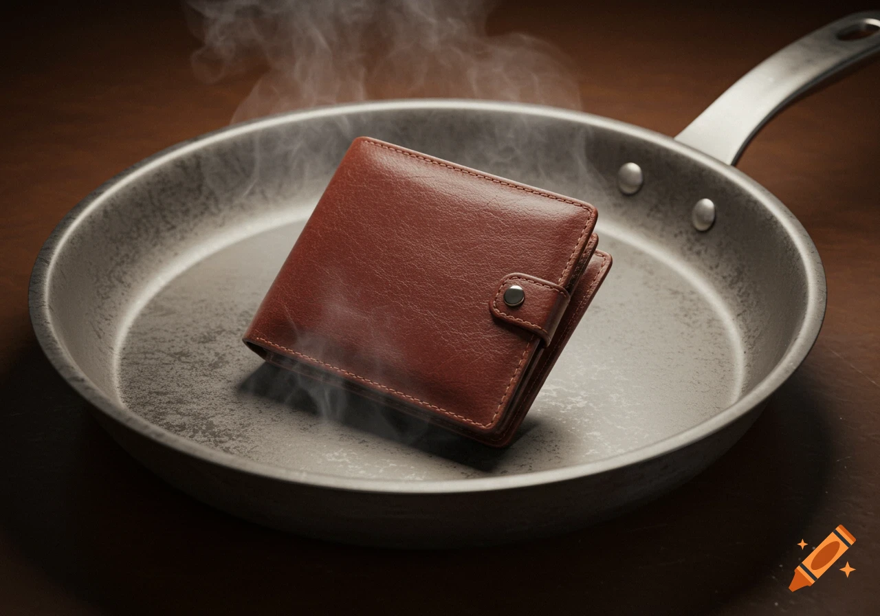A brown leather wallet steaming inside a metal frying pan on a dark wooden surface, rendered in a photorealistic style.