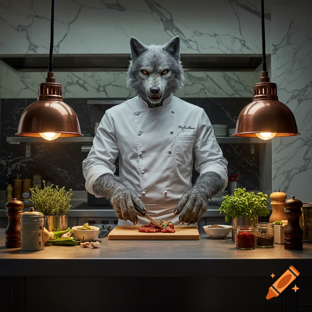 A photorealistic image of a werewolf chef in a white uniform preparing food on a cutting board in a professional kitchen.