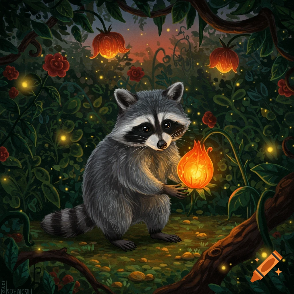 An illustrated raccoon in a magical forest, holding a glowing orange flower with other glowing flowers and fireflies surrounding it.