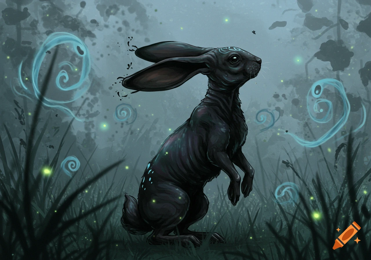 A dark, hairless, rabbit-like creature with glowing blue markings stands in a mystical, dark forest with glowing plants and ethereal blue swirls.