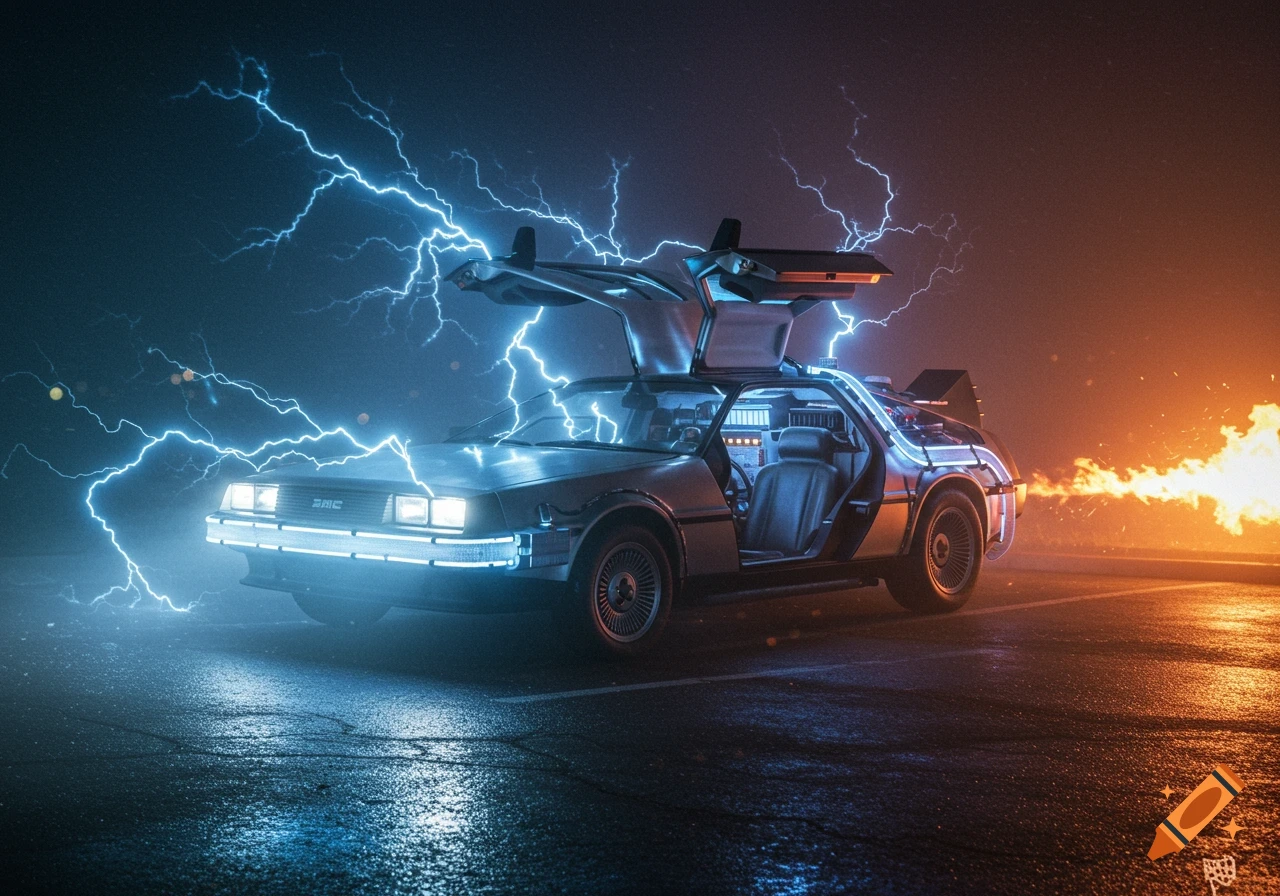 A DeLorean car with gull-wing doors open, surrounded by blue lightning and orange flames on a wet night.