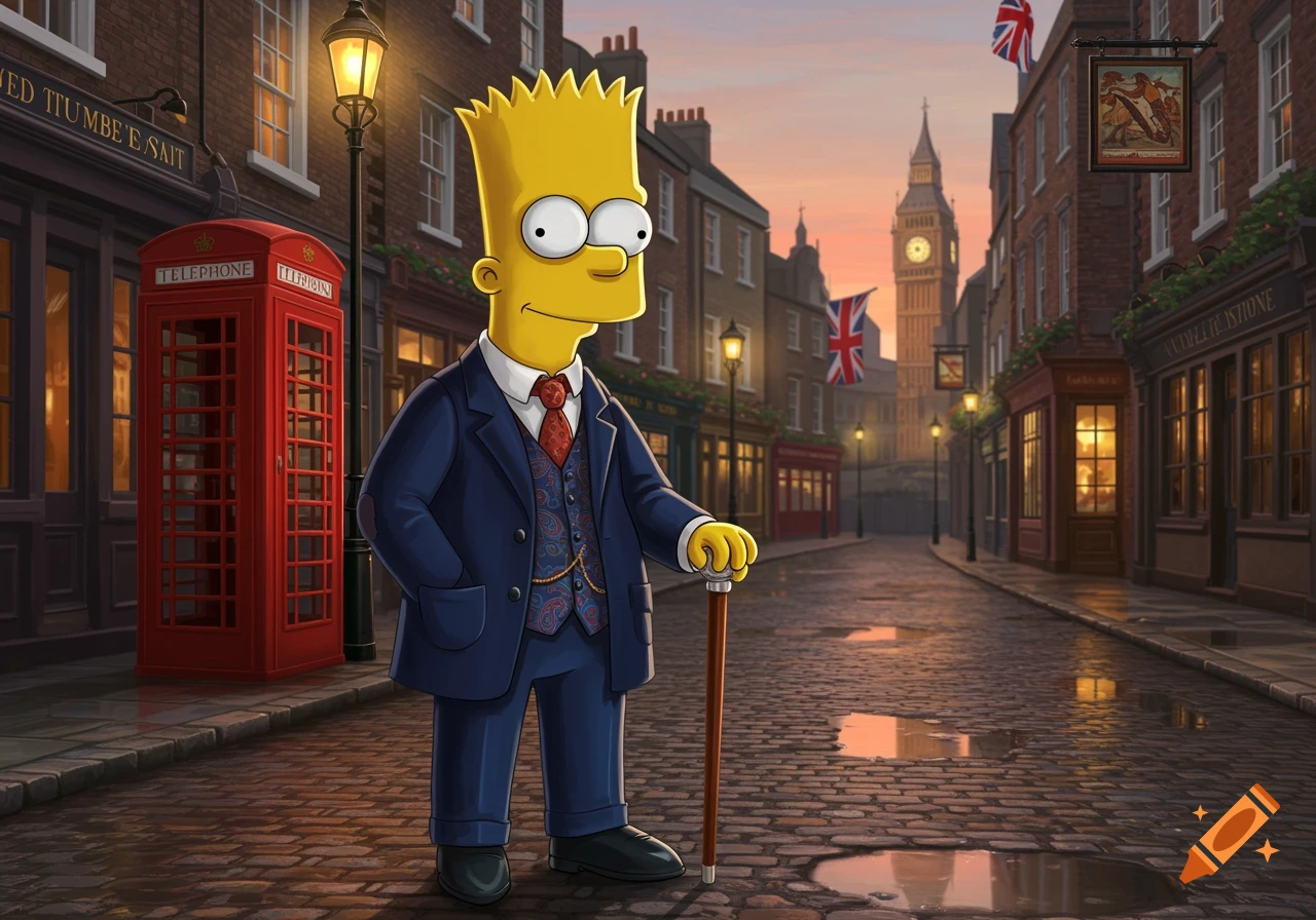 Bart Simpson in a suit with a cane on a British cobblestone street, with a red telephone booth and Big Ben in the background at sunset.