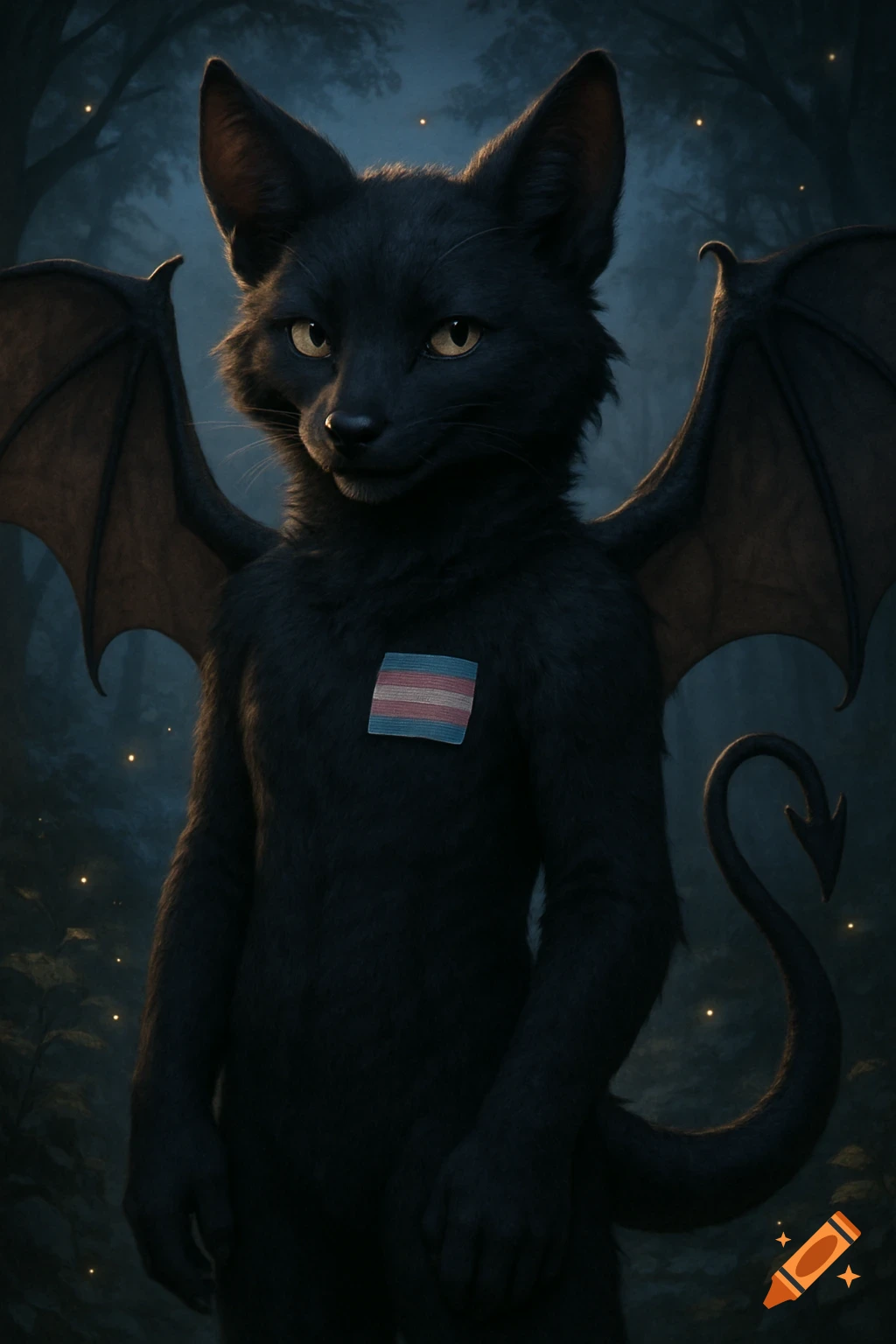 A dark anthropomorphic creature resembling a black cat or fox, with bat wings and a demon tail, wears a transgender flag patch on its chest in a mystical forest setting with fireflies.
