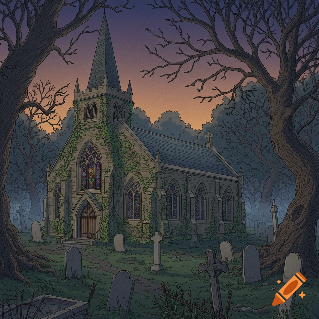 An illustrated gothic church covered in ivy in a graveyard at dusk, framed by bare trees.